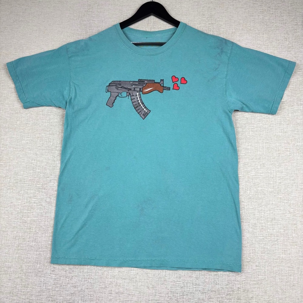 Love Kills Mens Large Streetwear Graphic T-Shirt Teal Blue Hearts Barbed Wire
